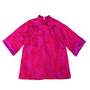 女童秋季桃花珠联真丝拜年服圣诞元旦过年新年装汉服连衣裙旗袍