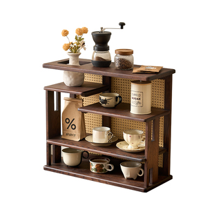 实木置物架桌面收纳办公咖啡茶具水杯客厅台上中古风藤编储物架子