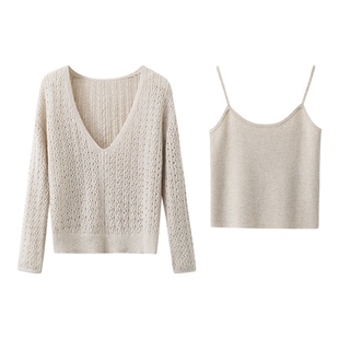 秋冬穿搭韩系氛围感针织长袖罩衫毛衣内搭吊带背心V领上衣套装女