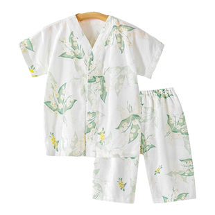 贝肽斯儿童睡衣女童夏季纱布短袖男童睡衣竹棉亲子宝宝家居服套装