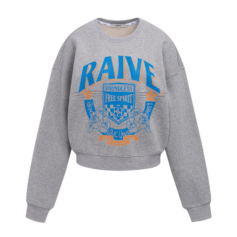 [明星同款]RAIVE25新款秋季女短款印花字母复古圆领学院徽章卫衣