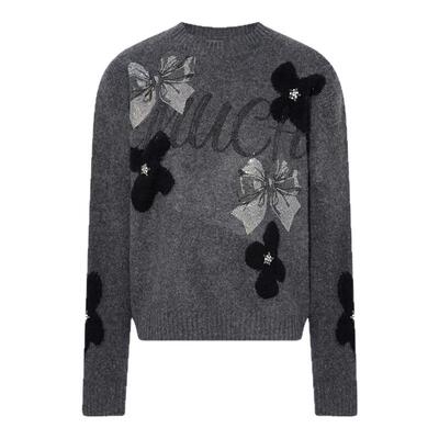 TCH绵羊毛慵懒风烫钻灰色圆领灰色针织衫女25冬季新款T75D09E1122