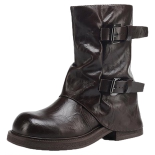 星期六复古时髦裤管靴堆堆短靴女2025秋冬新款西部骑士靴马丁靴子