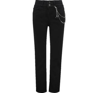 ONLY秋季加绒时尚字母皮牌装饰设计高腰直筒牛仔裤女