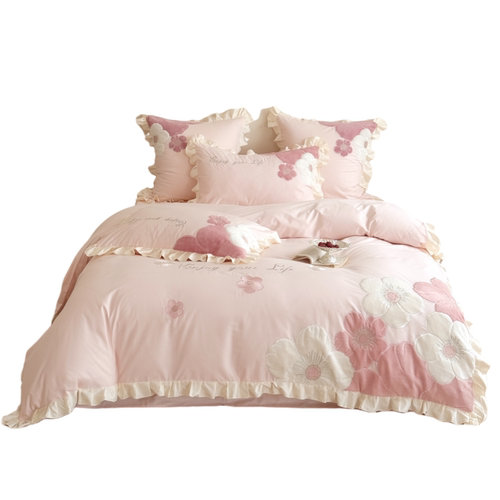 可爱少女心纯棉四件套小清新花卉刺绣花边被套全棉公主风床上用品