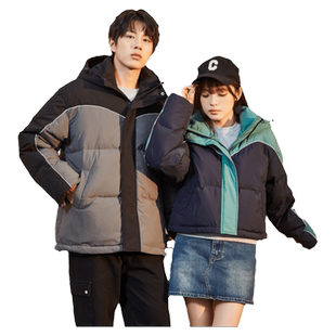 唐狮新款特别情侣装拼接撞色羽绒服连帽女短款修身羽绒服G