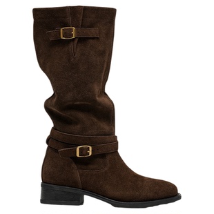 【弥野牧歌】BeauToday复古长筒靴女皮带扣高筒骑士靴真皮堆堆靴