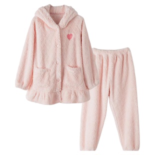 女童珊瑚绒睡衣长袖长裤加绒加厚A类秋冬儿童大童保暖女孩家居服