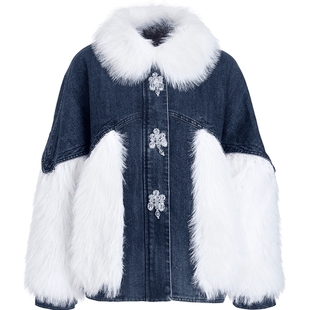 【奥莱】MAXRIENY牛仔毛感拼接加厚羽绒服外套女