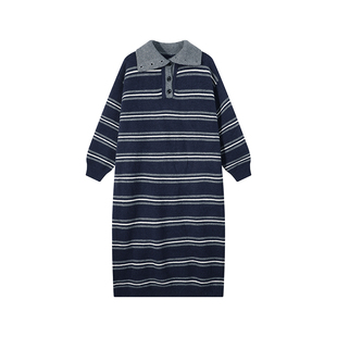 吴童童条纹高领长袖毛衣连衣裙女秋冬韩系慵懒风宽松显瘦直筒长裙
