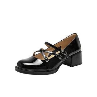 百丽女鞋子玛丽珍鞋2026春季新款粗跟黑色小皮鞋浅口单鞋3V802AQ6