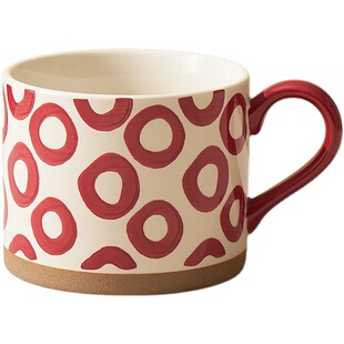 红色高级感陶瓷杯复古粗陶手绘个性马克杯家用办公室男女喝水杯子