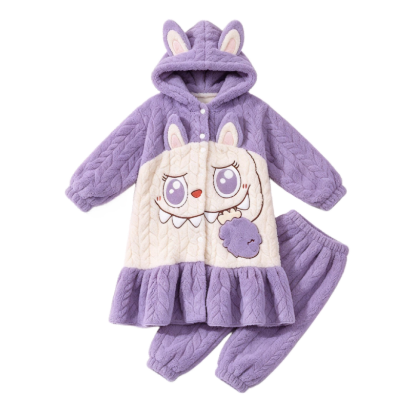 儿童睡衣女童加厚加绒珊瑚绒空调服秋冬款冬季女孩天蓝色居家小熊