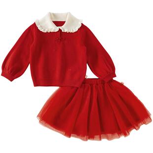 戴维贝拉儿童套装裙子保暖新款冬装中国风新年两件套加绒红色大童