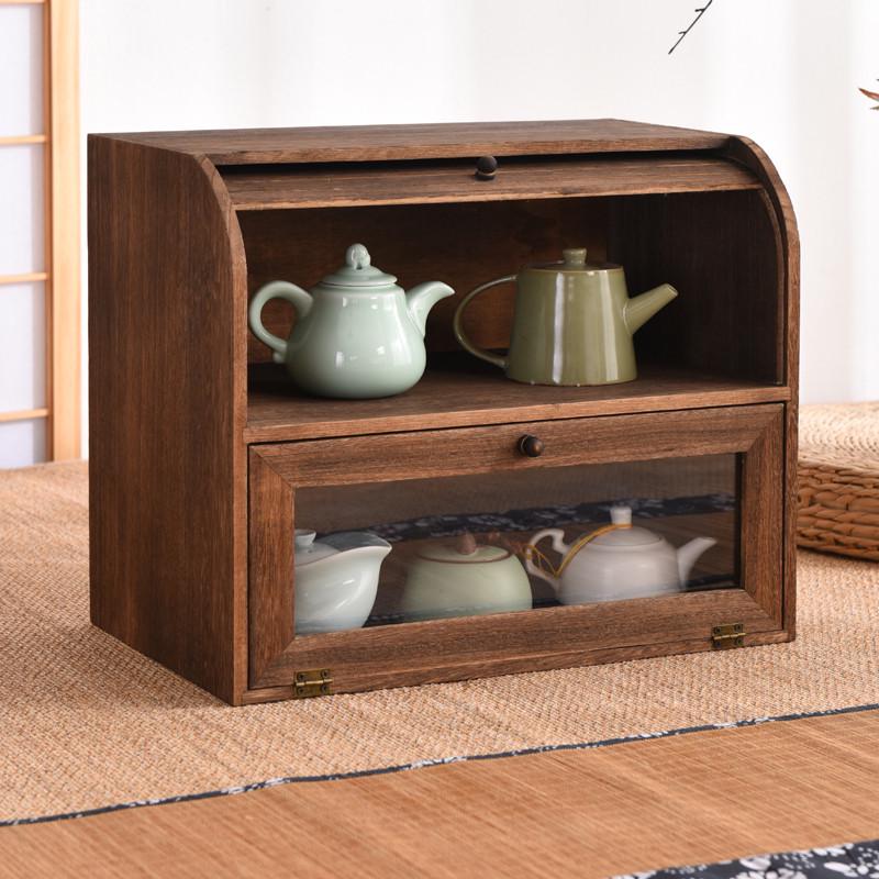 实木桌上整理箱防尘小储物柜茶具茶壶茶杯陈列置物架子杂物整理柜