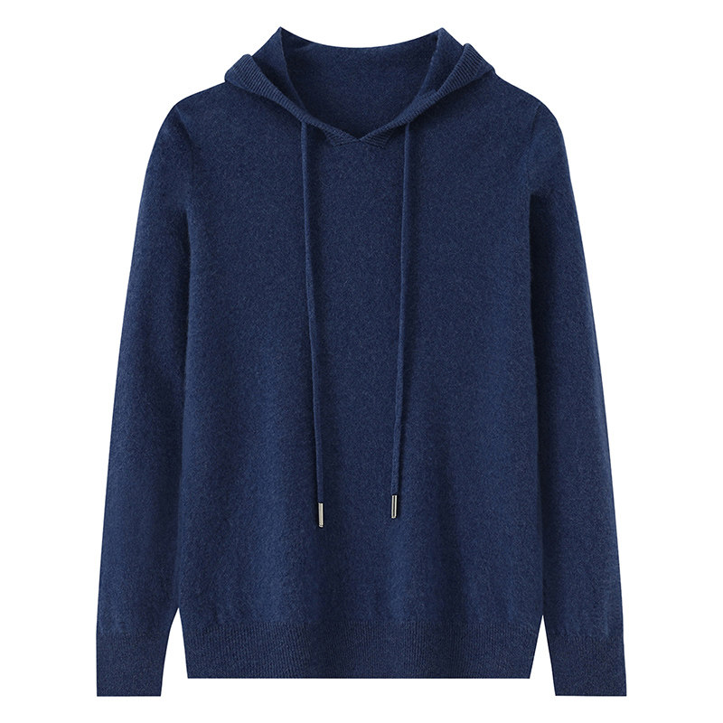 秋冬新款100%纯羊毛衫男士套头连帽卫衣宽松羊绒打底针织帽衫毛衣