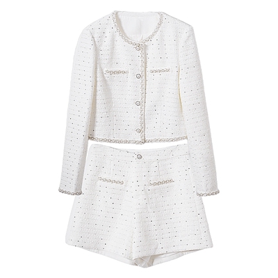 SNSR/圣妮思2025初秋新款时尚小香风白色毛呢气质通勤名媛套装裤