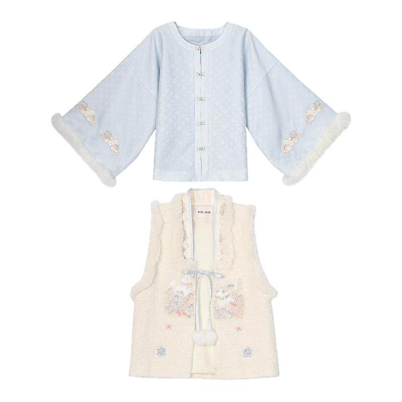 森女部落汉服套装浅蓝长衫毛绒马甲蕾丝半裙刺绣毛绒领汉服套装