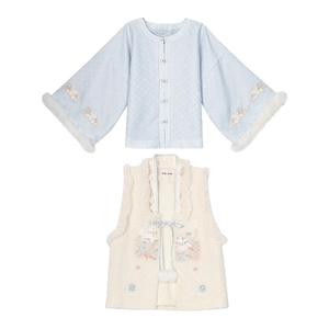 森女部落汉服套装浅蓝长衫毛绒马甲蕾丝半裙刺绣毛绒领汉服套装
