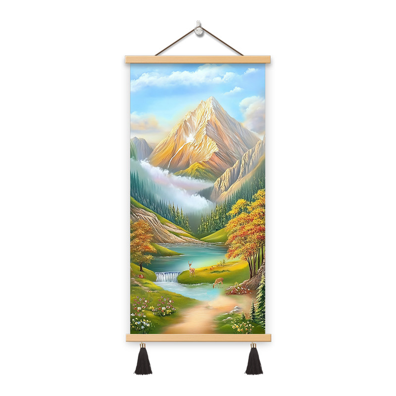 手绘油画风景山水金山聚宝盆玄关装饰画走廊过道挂画竖版轻奢壁画