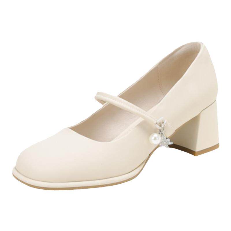 达芙妮玛丽珍女鞋高跟鞋2026春季新中式配旗袍白色珍珠粗跟单鞋女