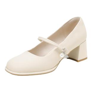 达芙妮玛丽珍女鞋高跟鞋2026春季新中式配旗袍白色珍珠粗跟单鞋女
