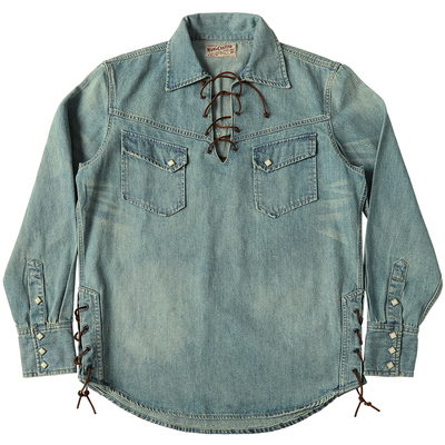 西部系列9.8OZ海盗领丹宁牛皮绑带复古半开襟衬衫 MBBCAR窄幅