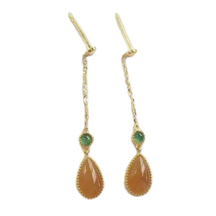 s925纯银镶嵌黄翡玉髓圆蛋水滴小珠边耳坠气质精致大气百搭款耳钉