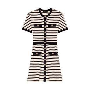 Maje2025秋冬女装法式时尚撞色条纹圆领短款收腰短袖针织连衣裙