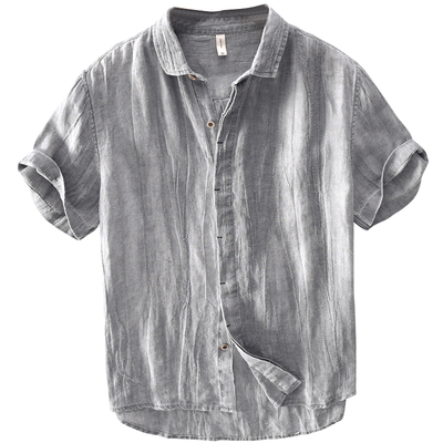 复古压皱短袖亚麻衬衫