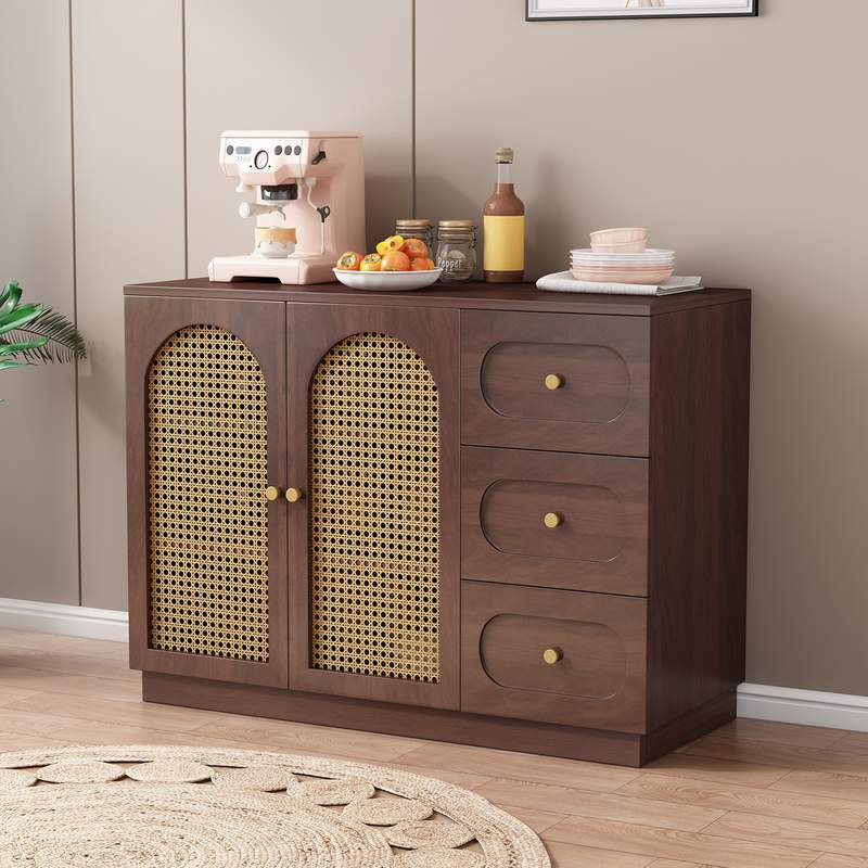 中古风餐柜靠墙一体收纳柜法式藤编茶水柜家用防尘收纳柜斗柜子