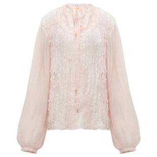 预售COCOBELLA名媛风木耳边压褶飘带衬衫女优雅立领雪纺衫SR3006