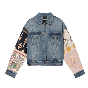 Desigual26春夏宽松牛仔撞色刺绣拼接夹克中蓝丹宁女士外套