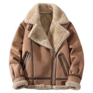 座山雕皮毛一体男士冬季加绒加厚夹克短款机车皮袄男装羊羔毛外套
