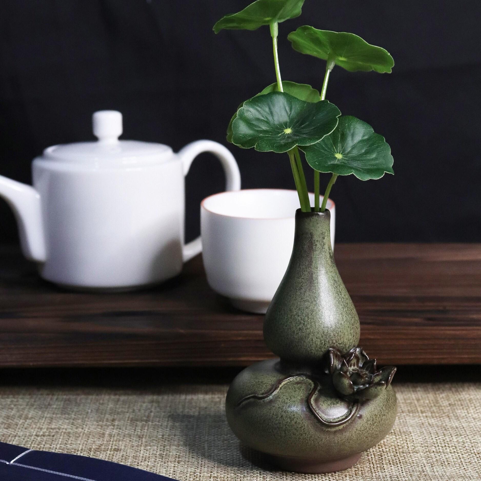 中式陶瓷手工捏花莲花葫芦花瓶居家摆件插干花摆书桌茶宠茶桌花器