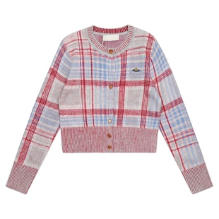 VIVIPUOOWD撞色格纹土星红色圆领针织衫韩版修身显瘦百搭毛衣