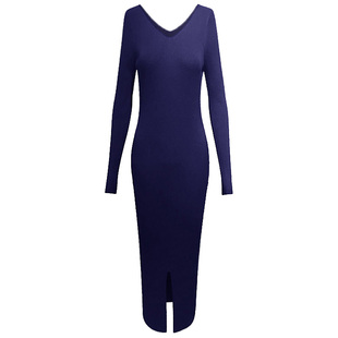 长款过膝开叉紧身毛衣裙前后深V露锁骨针织裙修身打底长裙连衣裙