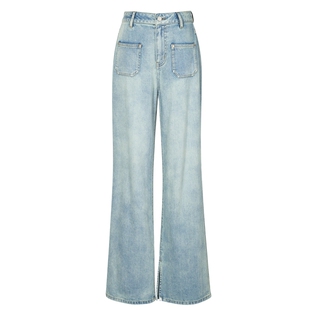 伊芙丽贴袋复古水洗长短款开叉醋酸牛仔拖地裤子女2024秋装新款