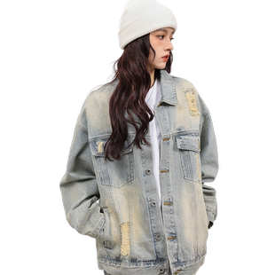 worxurnn/无须破洞潮牌嘻哈男女款复古宽松百搭春秋牛仔外套