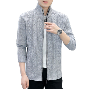 秋冬季男士毛衣外套男潮流加绒加厚翻领针织开衫青年男装夹克上衣