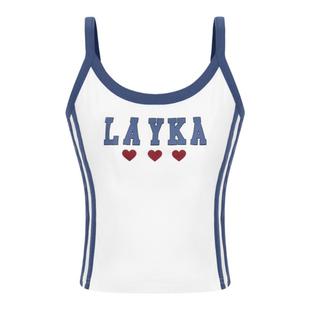 辣到中暑美式辣妹字母印花吊带背心修身短款运动风条纹拼接上衣潮