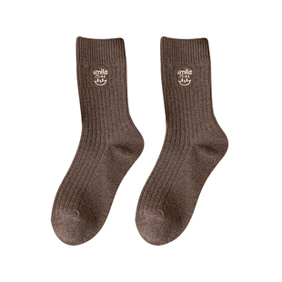 白色可爱勃肯鞋袜子女款初中生秋冬款中筒袜堆堆袜纯棉刺绣中长袜