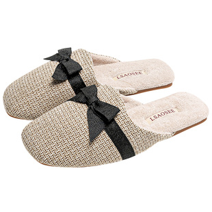 初秋薄绒法式精致蝴蝶结四季亚麻拖鞋女情侣家用牛筋底防滑居家男