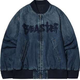 BEASTER水洗牛仔棒球服男款23冬装美式短款潮简约字母渐变外套女