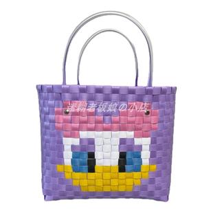 可爱卡通手工编织大容量菜篮子编织包上下班手拎包通勤轻便手提袋