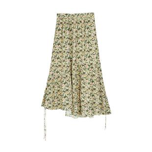 夏花/ MSLAN法式复古碎花26春绿色不规则抽绳半身裙MGAQ254