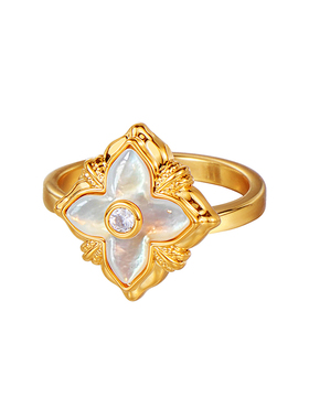 天然白贝母四叶草戒指女