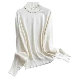 串珠装饰褶皱立领纯色打底针织衫可配一套亮片马甲女两件套装Q750