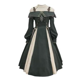 原创【旅之歌】深绿色lolita长袖连衣裙jsk秋冬打底吊带裙2件套