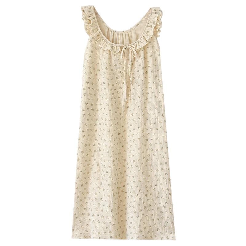 夏季纯棉无袖睡裙女薄款纱布吊带短裤家居服套装可爱花边睡衣宽松